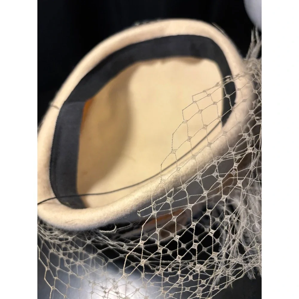 Vintage Cream Wool Felt Pillbox Hat with Veil Bow and Ostrich Feathers Ivory